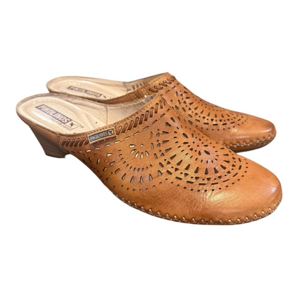 Pikolinos Leather Mule Clogs Brown Perforated Heeled Slip On EU 38